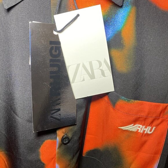 ZARA x RHUIGI Button Down Sm Short Sleeve Red Tie Dye Shirt Water Color New Tags - Picture 3 of 7